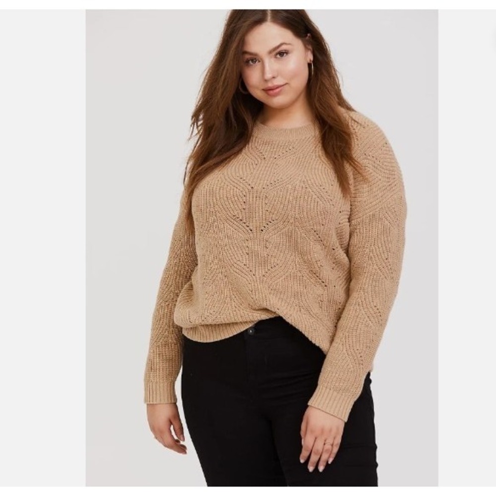 Torrid Pointelle-Knit Chevron Pullover Sweater Womens Tan Plus Size 2 2X‎